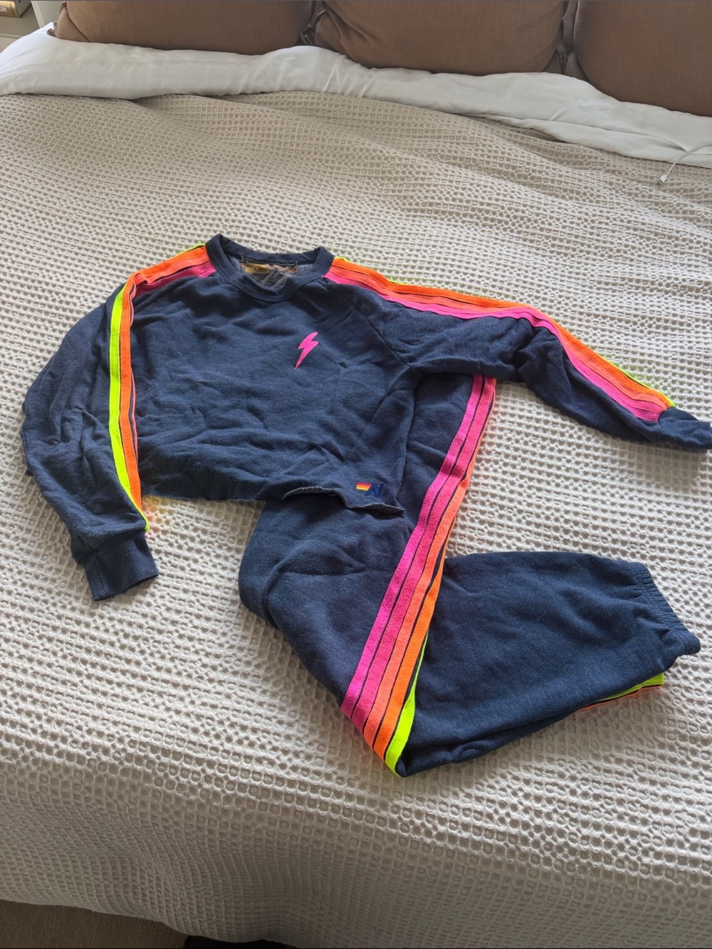 Aviator Nation Navy Sweatshirt & Joggers with Neon Stripe Detail